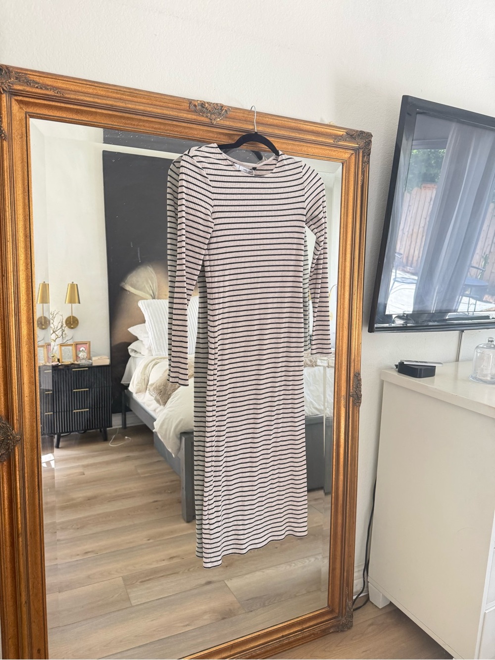 Mango Black & White Striped Long Sleeve Dress